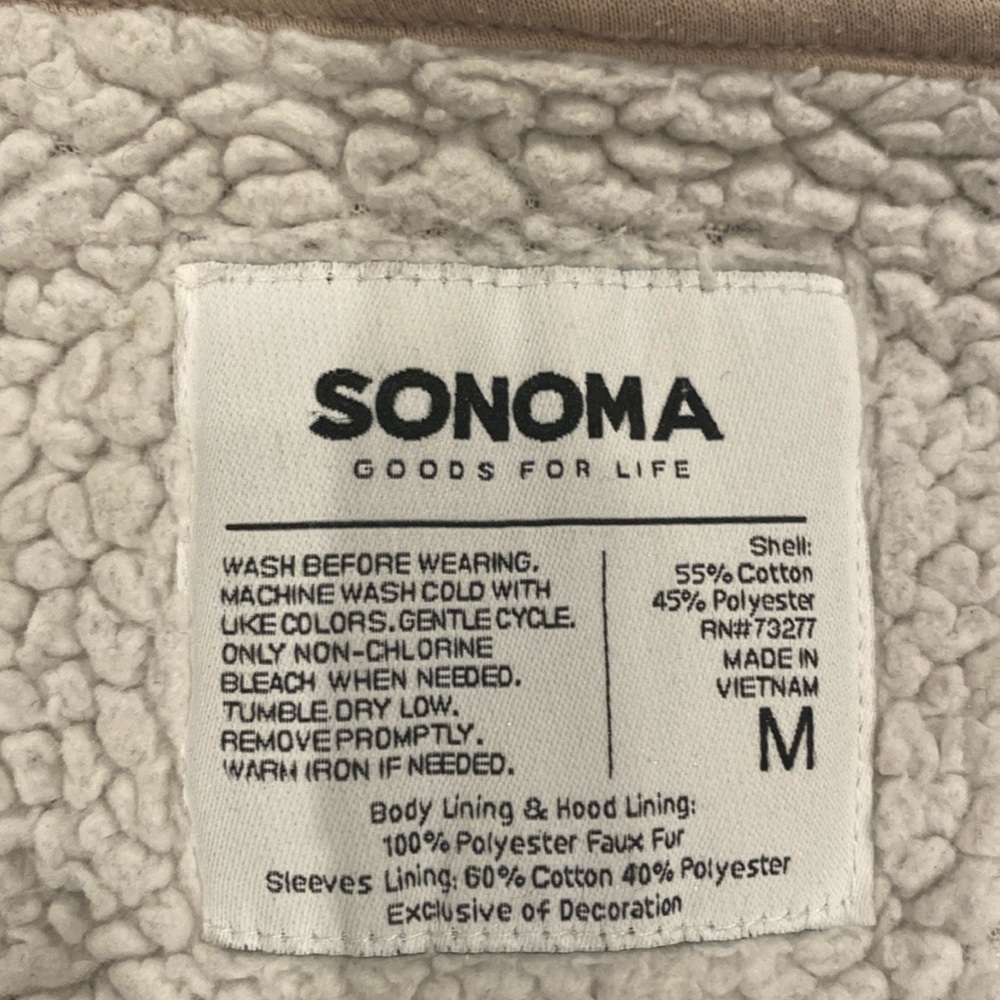 Sonoma medium beige 55% cotton 45% polyester Sherpa style hoodie.